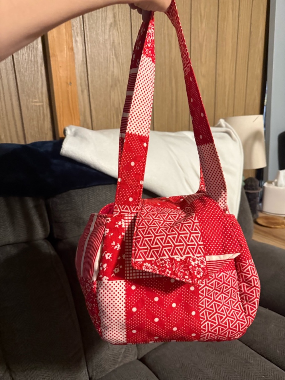 Red Patchwork Quilted Shoulder Bag - Handmade Style